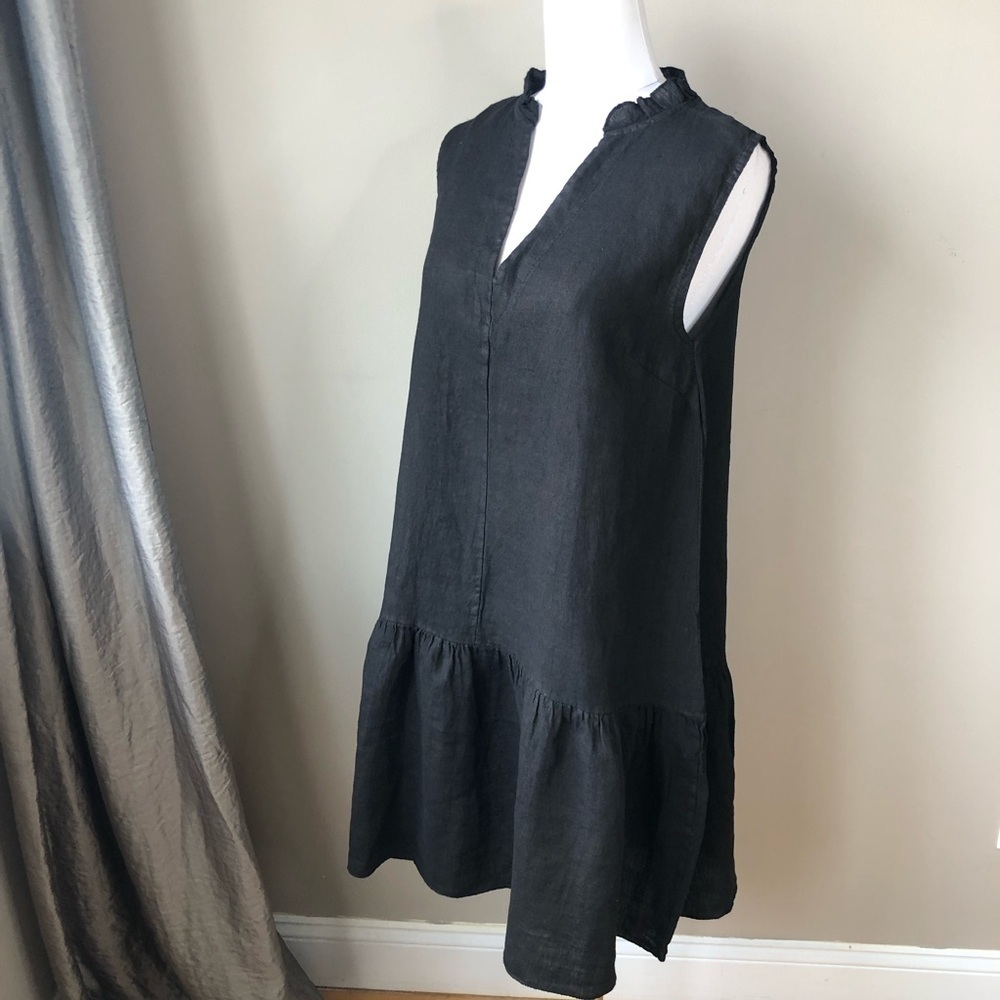 Linen Black Sleeveless V-Neck Ruffle Hem Mini Dress